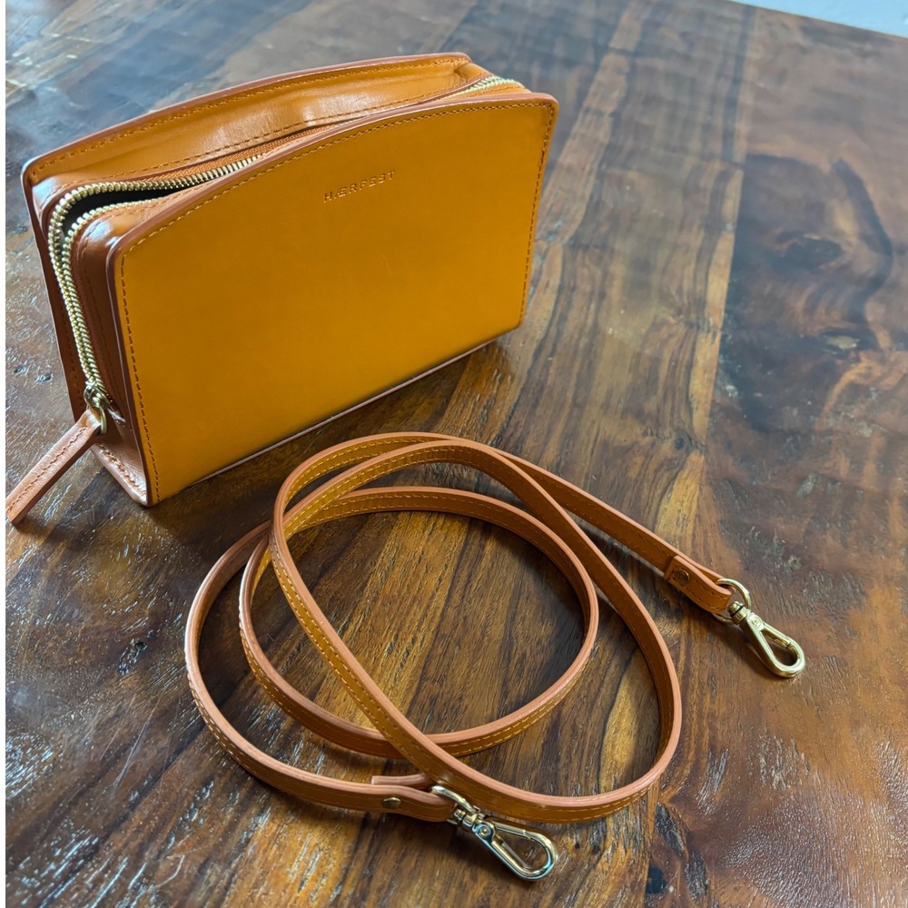 Haerfest Tan Leather Structured Crossbody Bag Gold‎ Hardware Minimalist Ochre